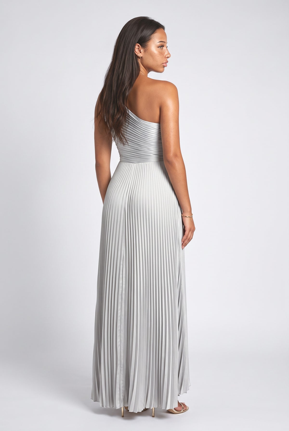 One-Shoulder Pleated Asymmetrical High-Slit Maxi Dress, back view