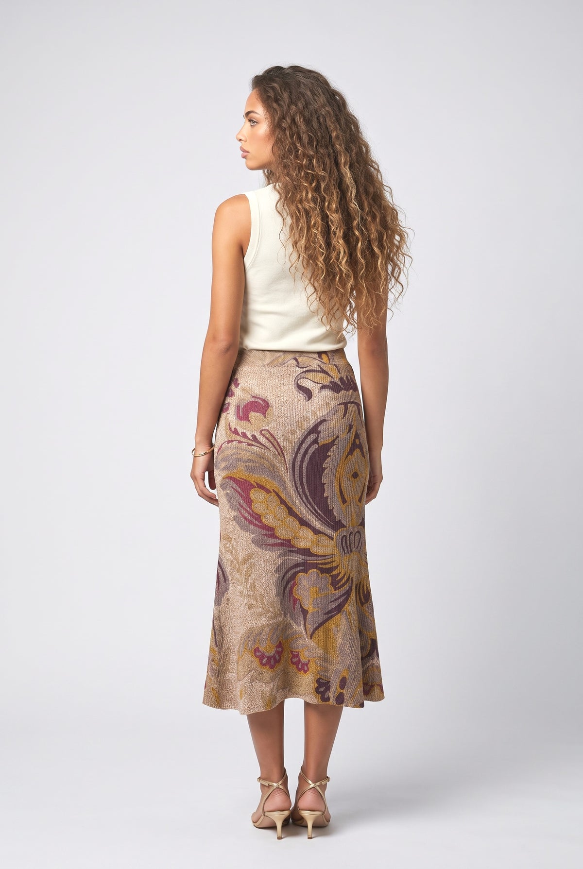 Multicolor Paisley Knit Midi Skirt, back view