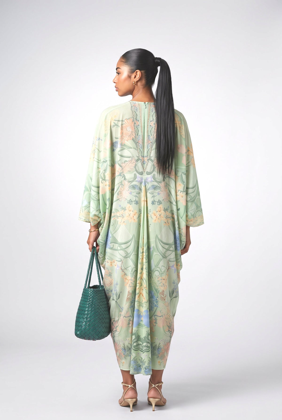 Green Floral V-Neck Oversized Midi Dress, back view
