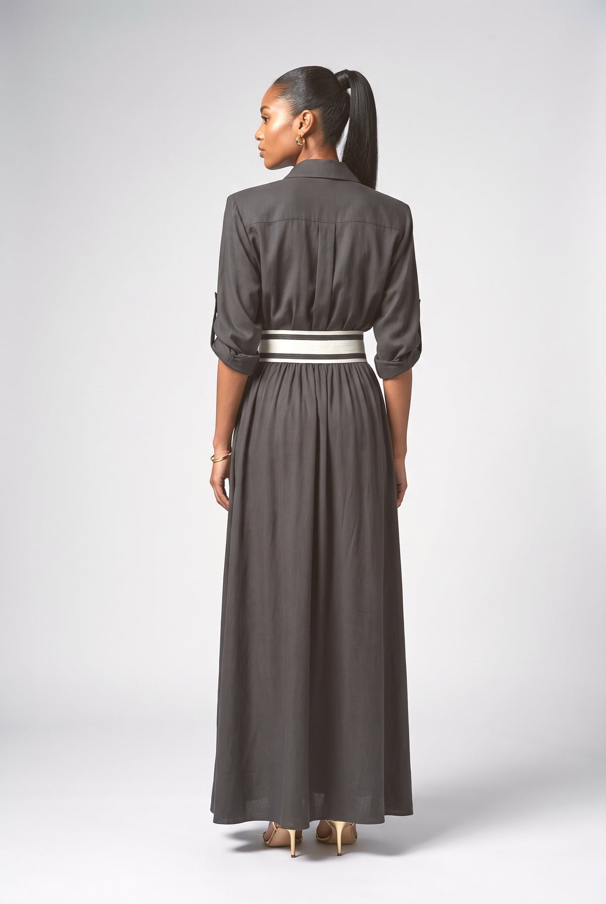 Collared Single-Breasted Waist-Drawn Maxi Dress, back view