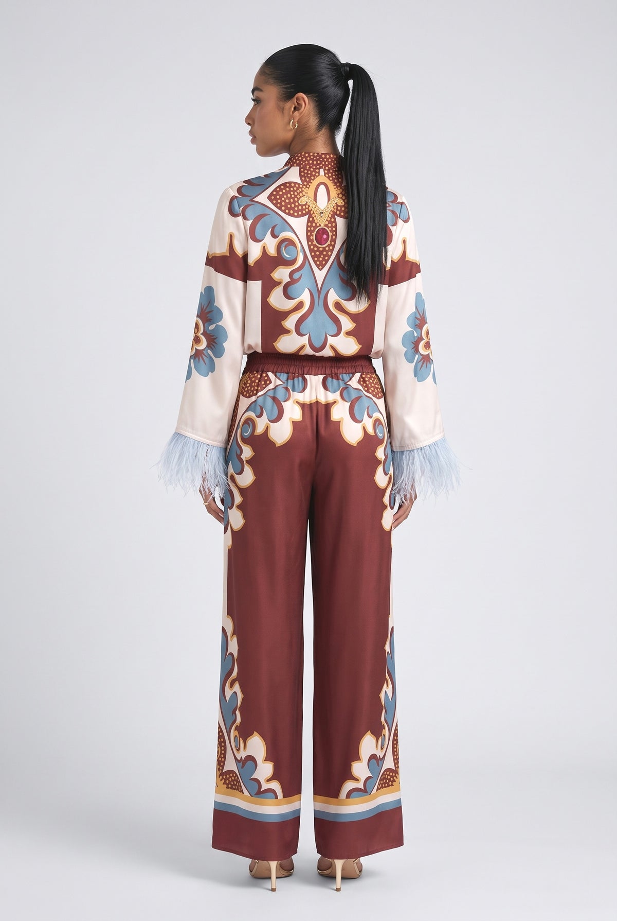 Brown Satin Feather Trim Outfit Set, back view