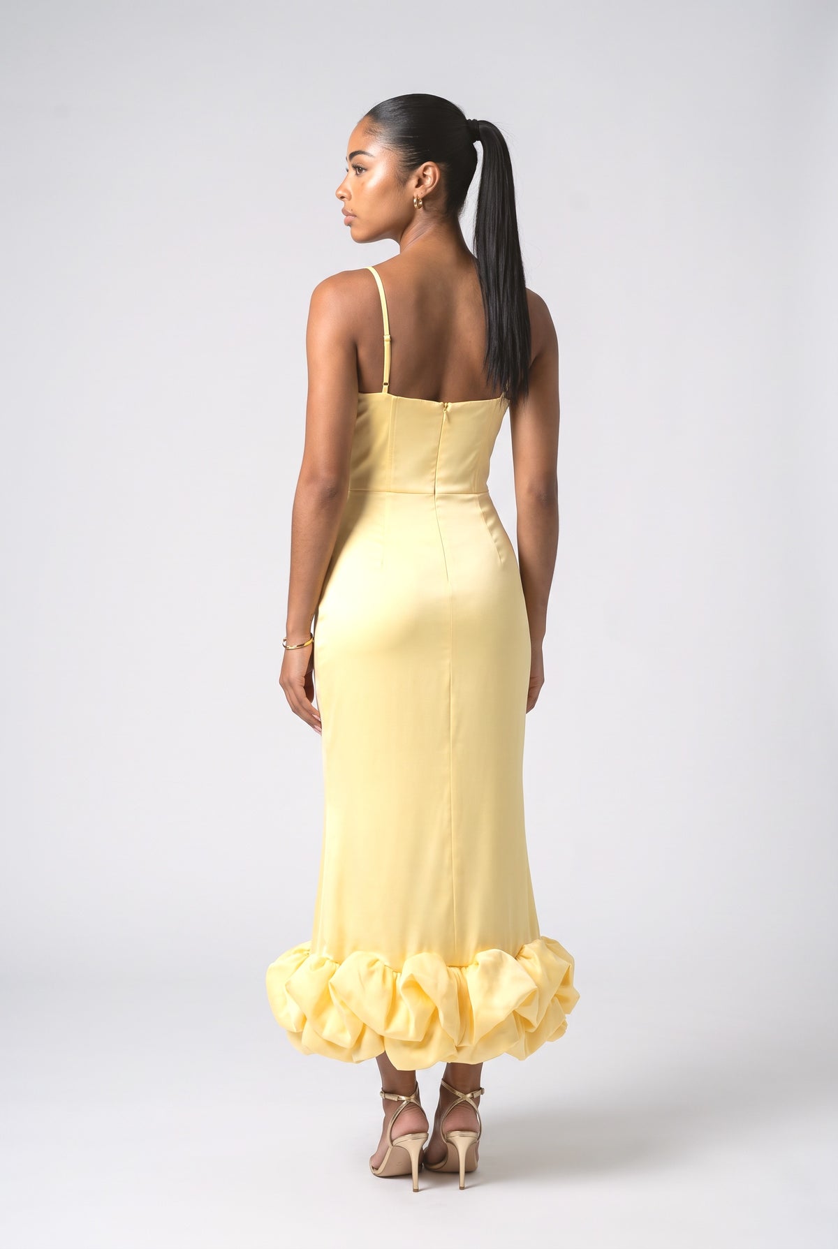 Satin Sweetheart Ruffle Maxi Dress, back view