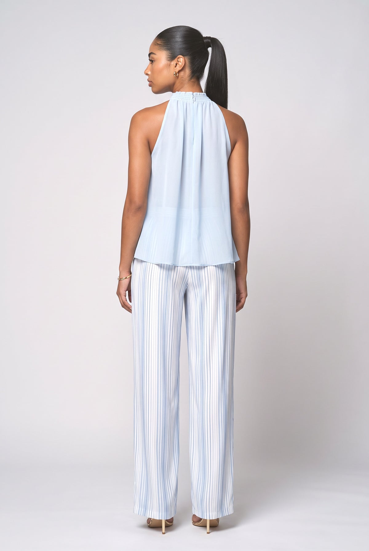 Blue Striped Sleeveless Outfit Set, back view