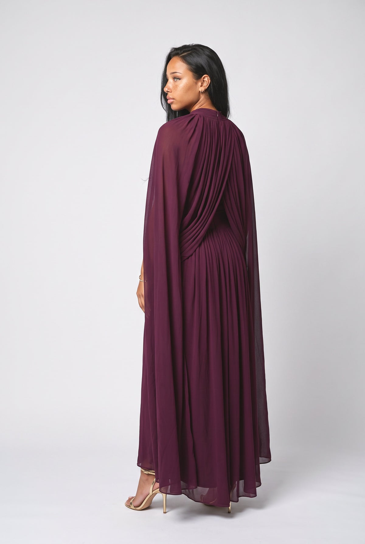 Draped Cape Sleeve Pleated Maxi Dress, back view