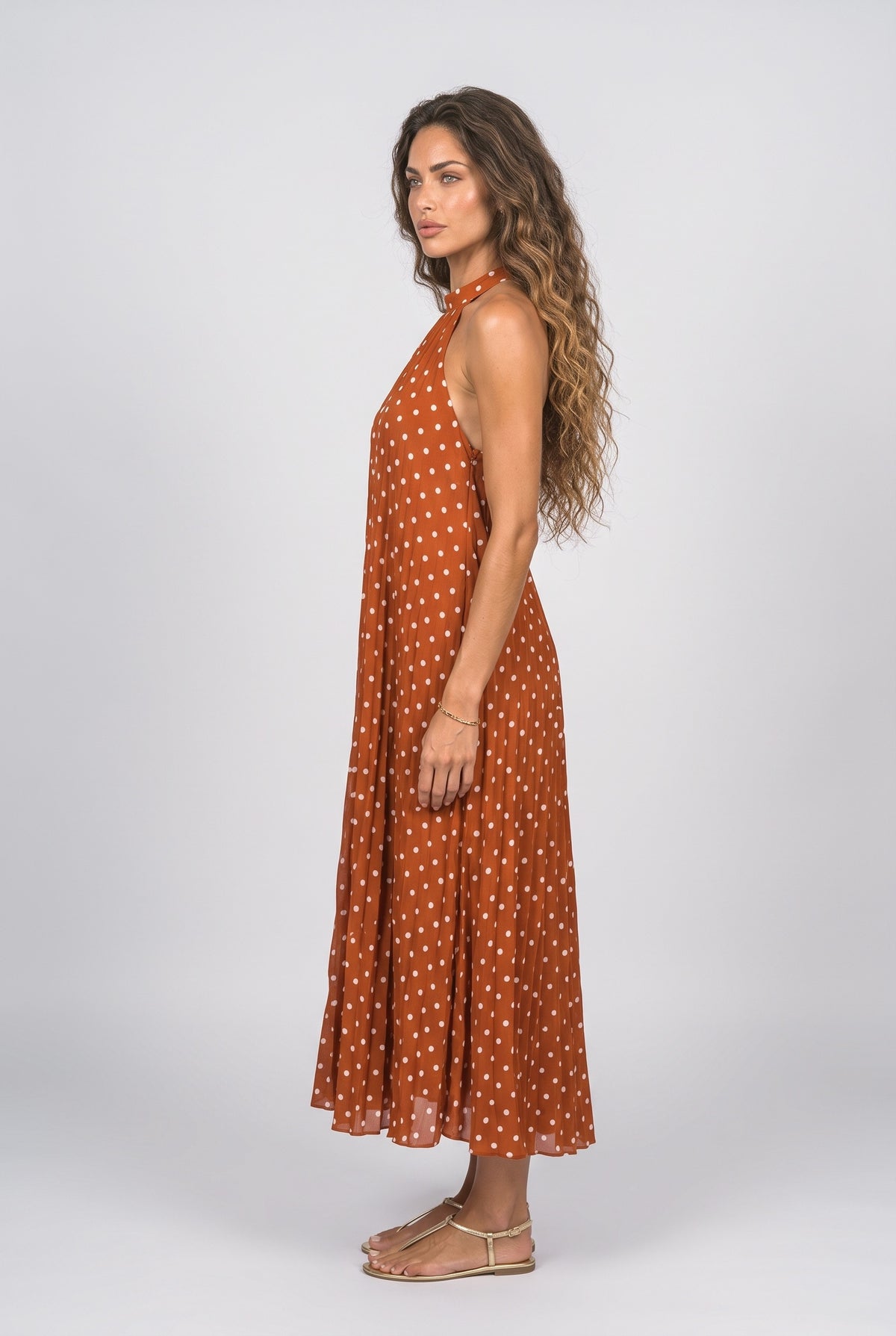 Halter Neck Polka Dot Pleated Midi Dress, back view