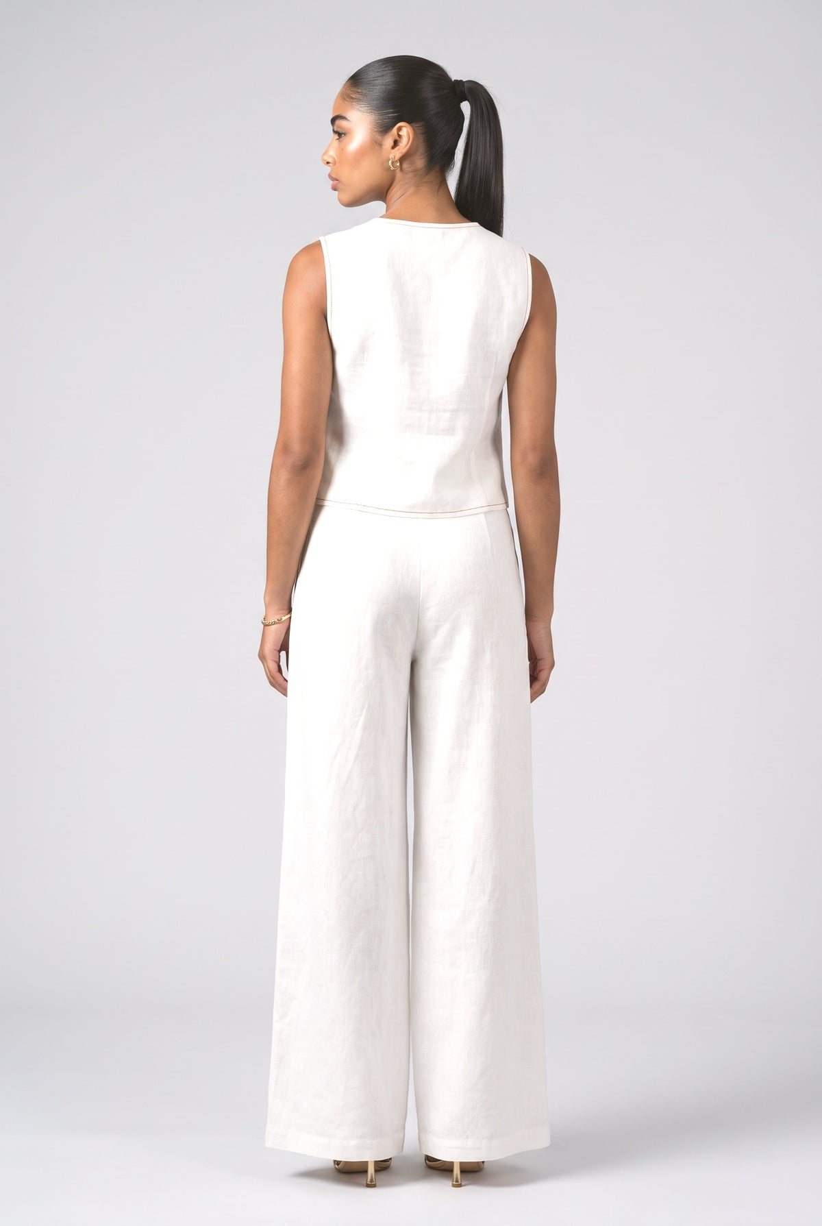 Contrast Stitch Shirt & Wide-Leg Pants Set, back view