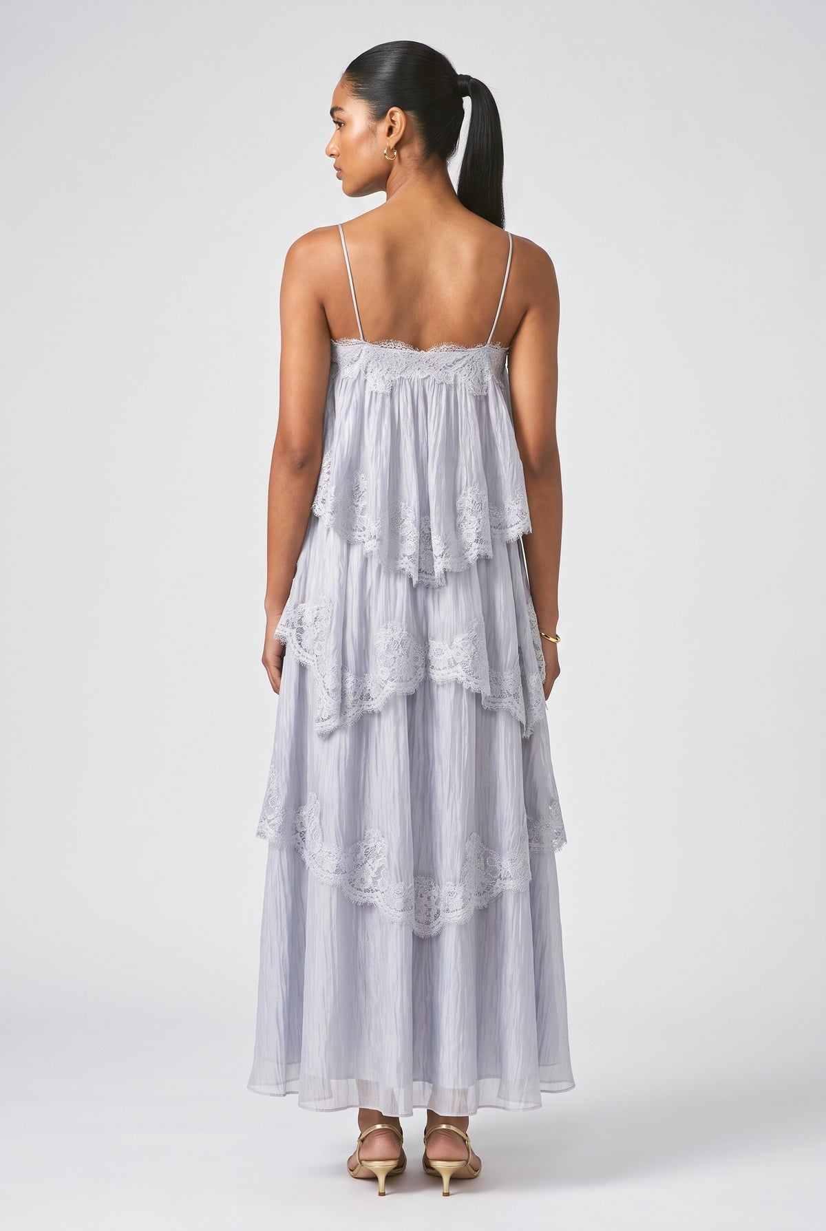 Layered Lace-Trim Spaghetti Strap Maxi Dress, back view
