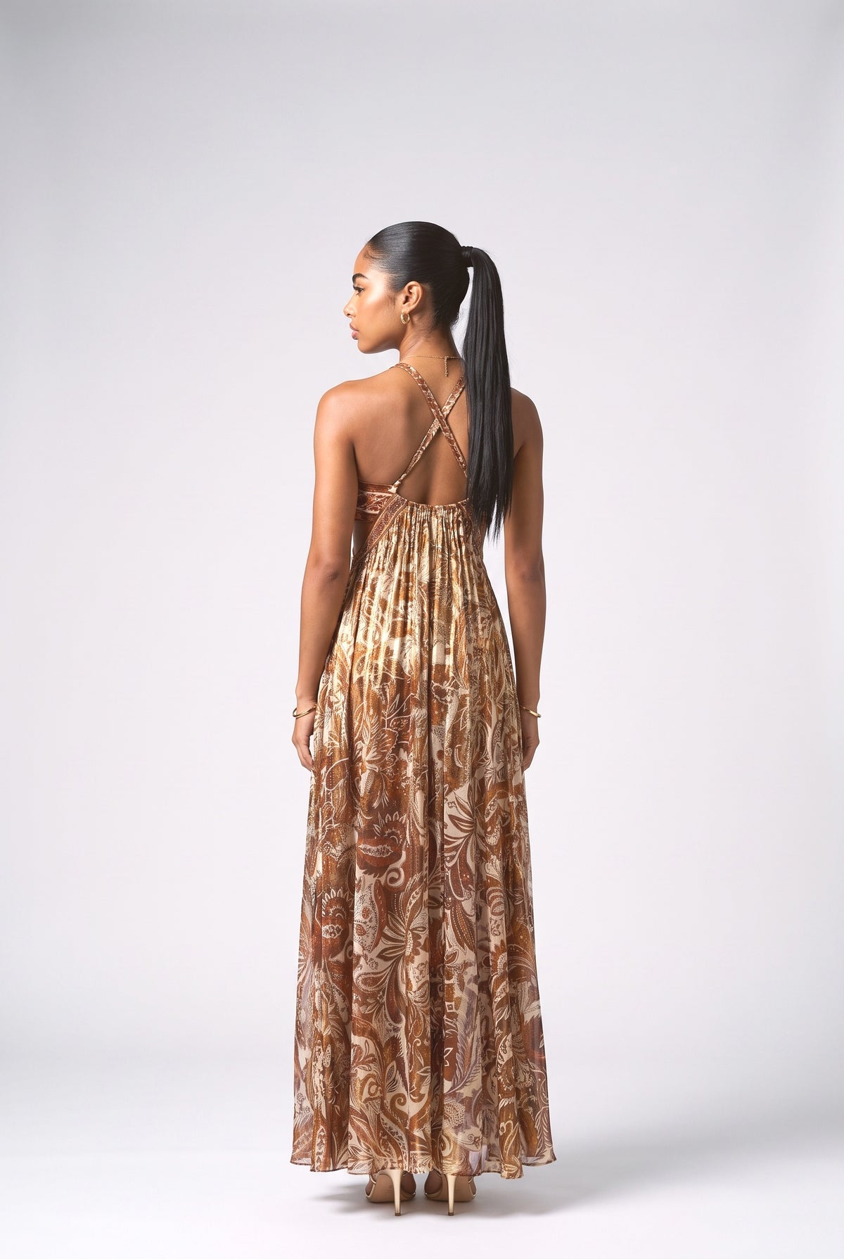 Gold Halter Neck Maxi Dress, back view