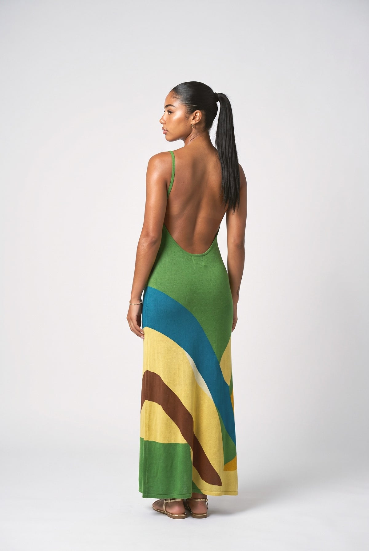 Green Colorblock Backless Maxi Dress, back view