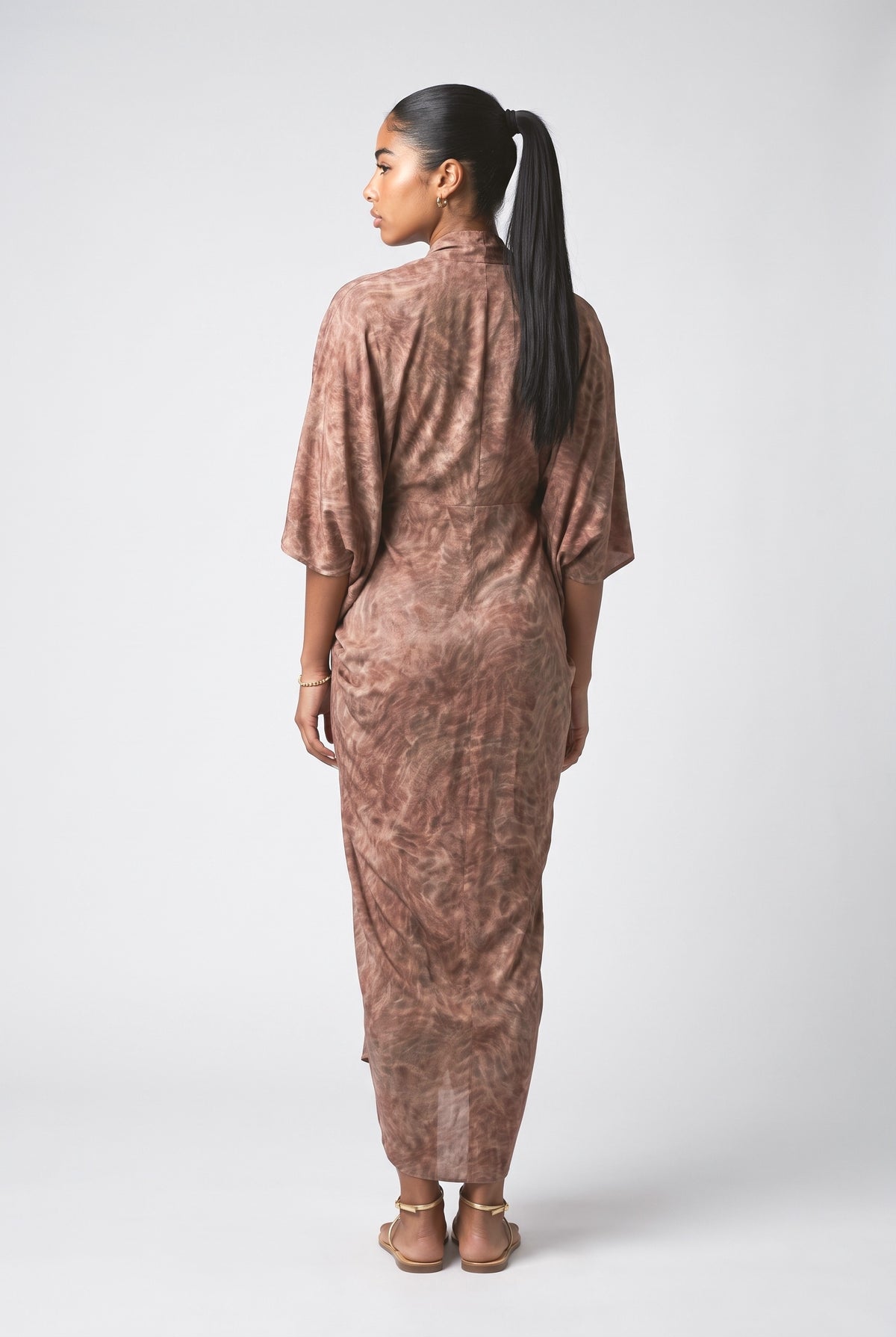 Brown Batwing Sleeve Draped Maxi Dress, back view