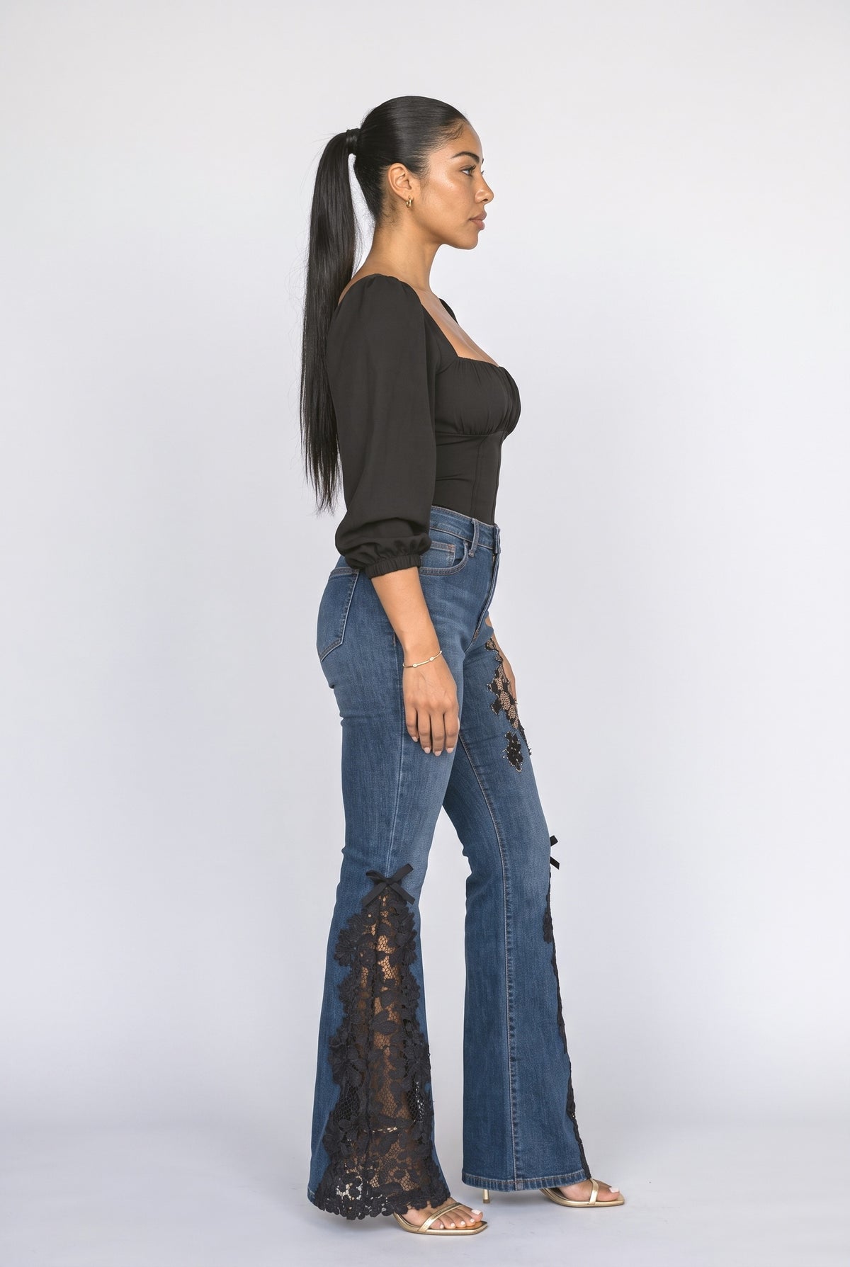 Navy Lace Floral Women's Jeans, back view