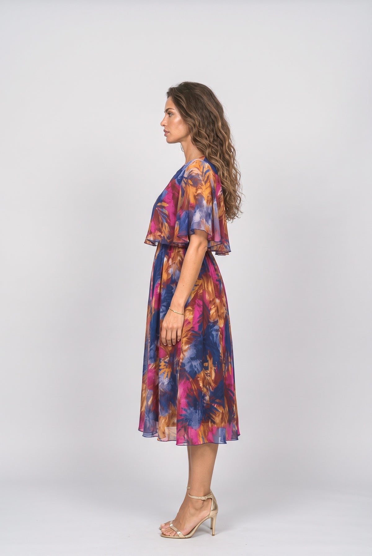 Multicolor Chiffon Flowy Midi Dress, back view