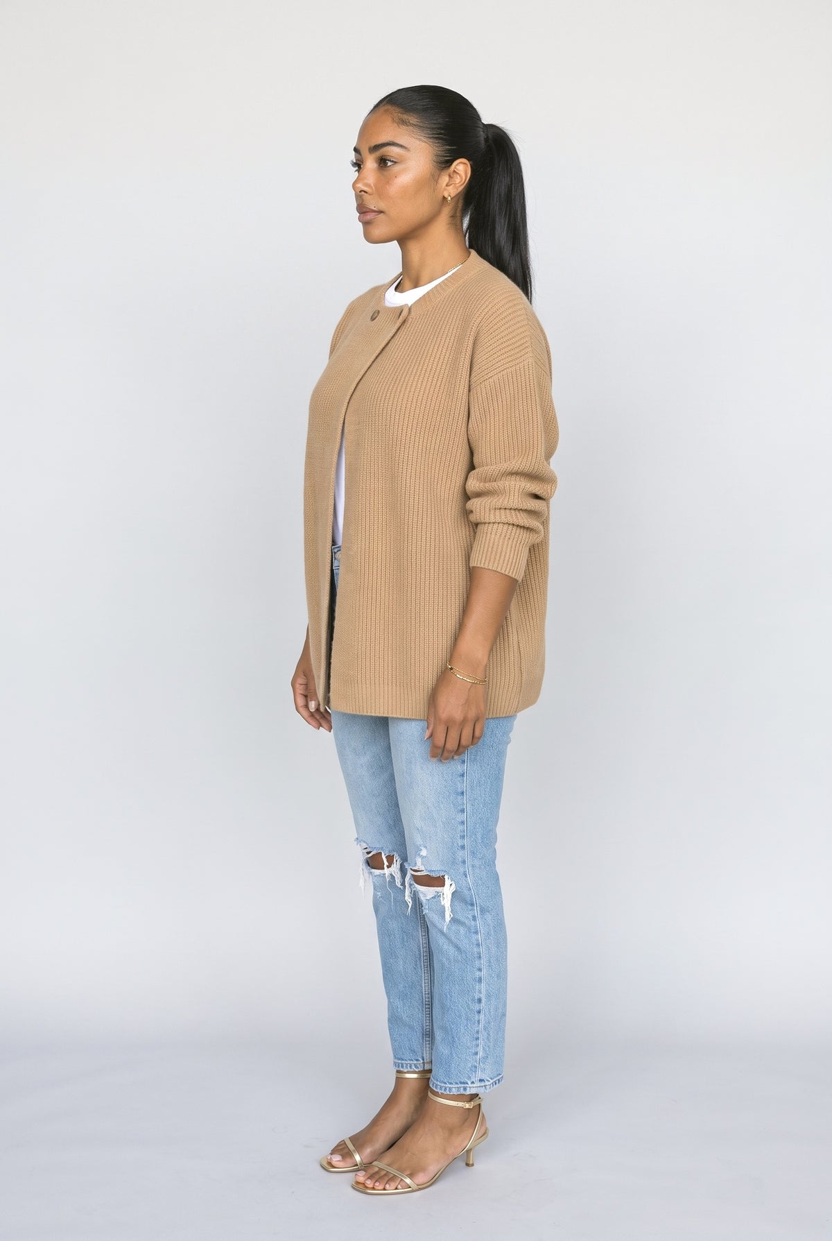 Ribbed Asymmetric Knit Cardigan, back view