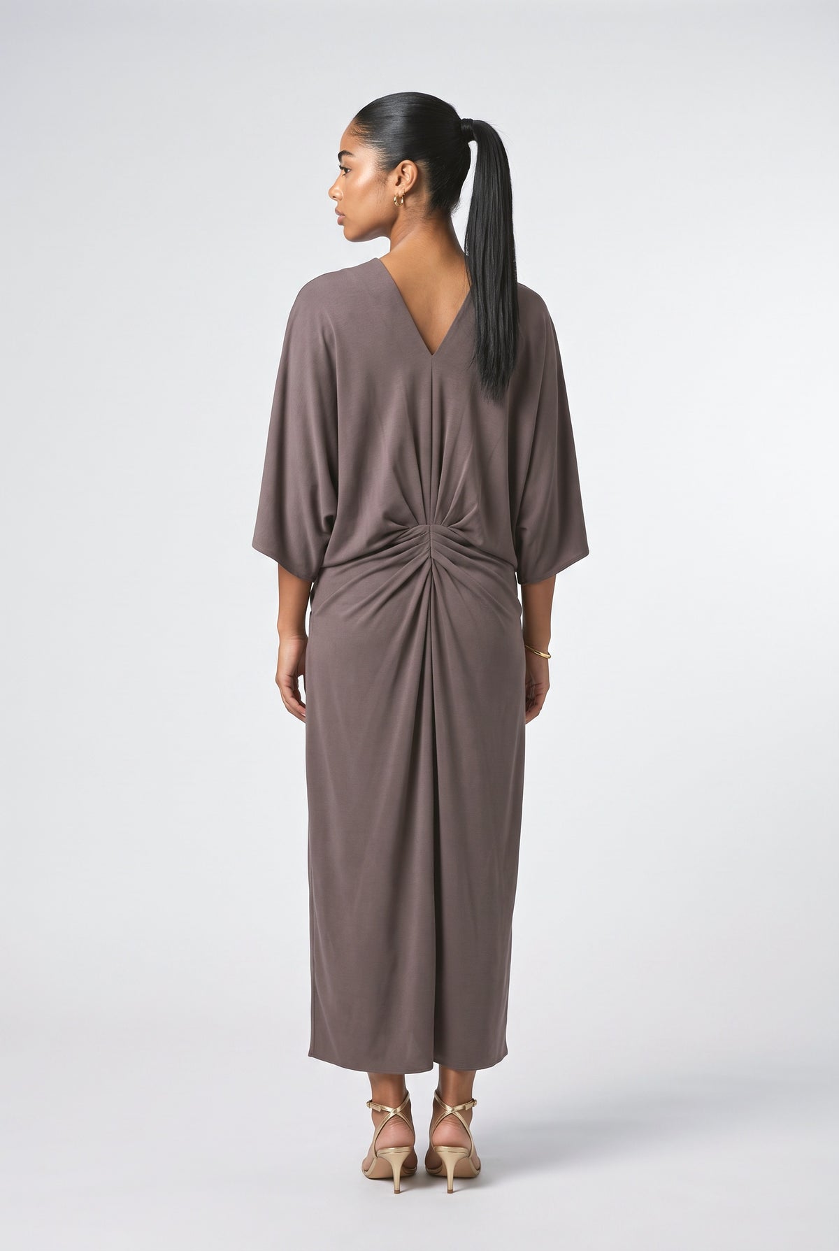 Purple Batwing Sleeve Pleated Maxi Dress, back view
