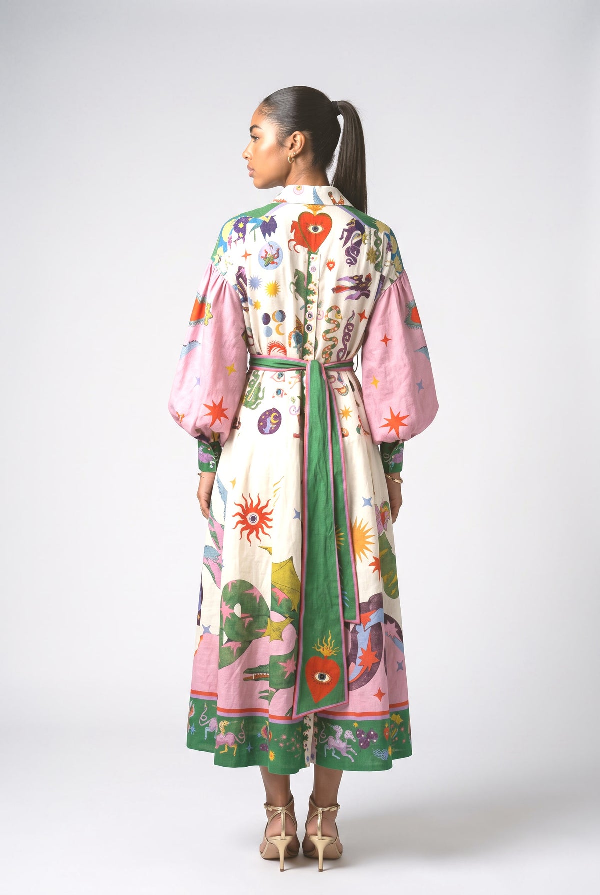 And Print Long Sleeve Shirt-Style Midi Dress, back view