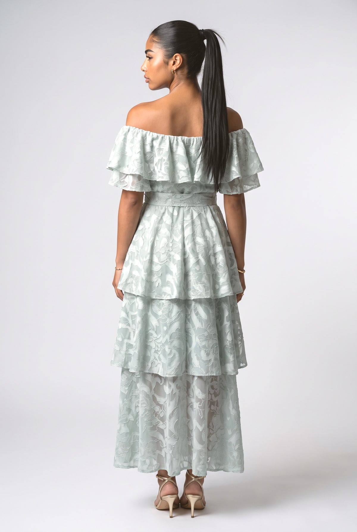 Floral Lace Off-Shoulder Tiered Maxi Dress, back view