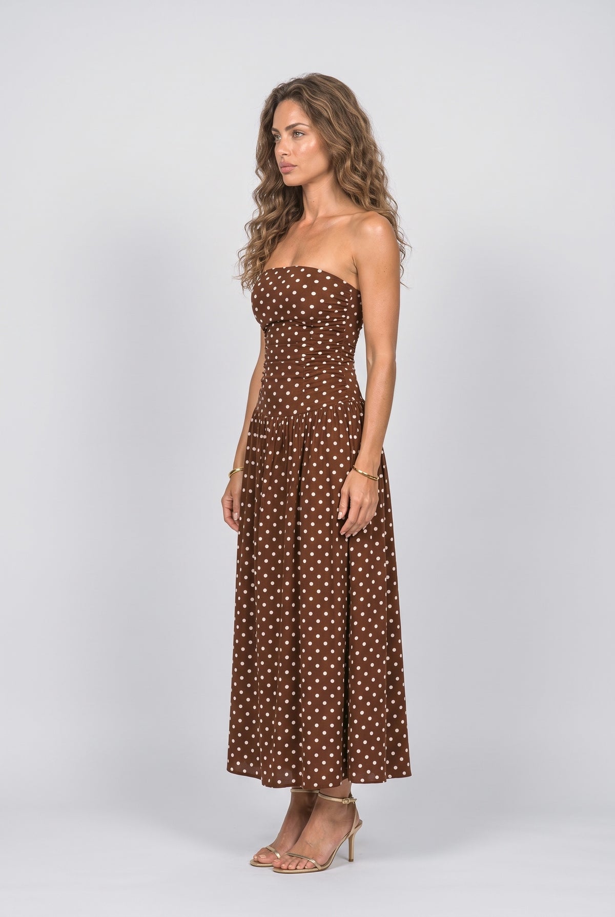 Strapless Polka Dot Ruched Maxi Dress, back view