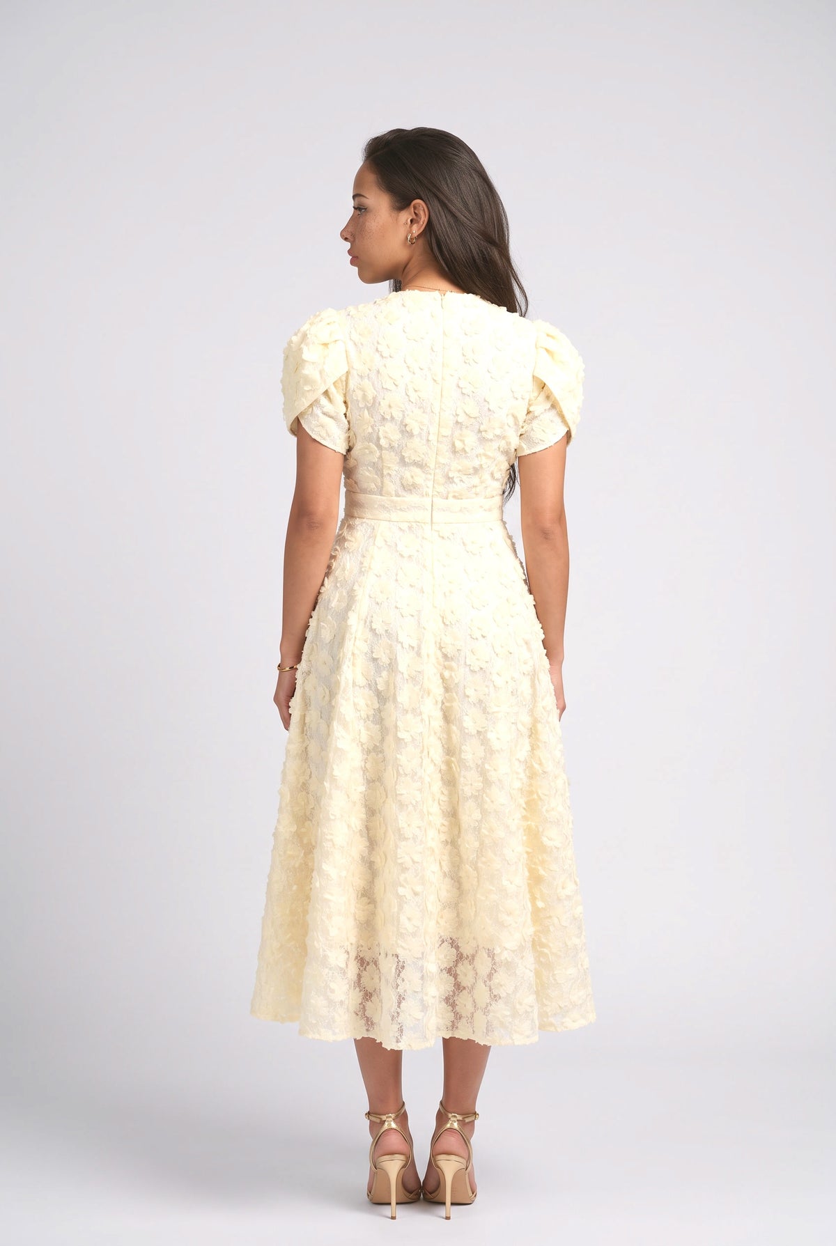 Yellow Floral Puff Sleeve Midi Dress, back view