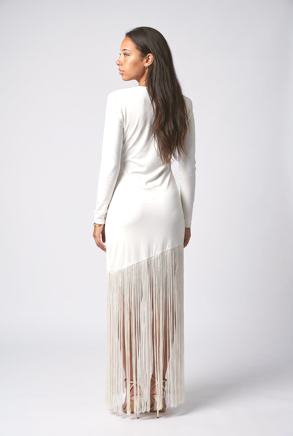 White Fringe Maxi Dress, back view