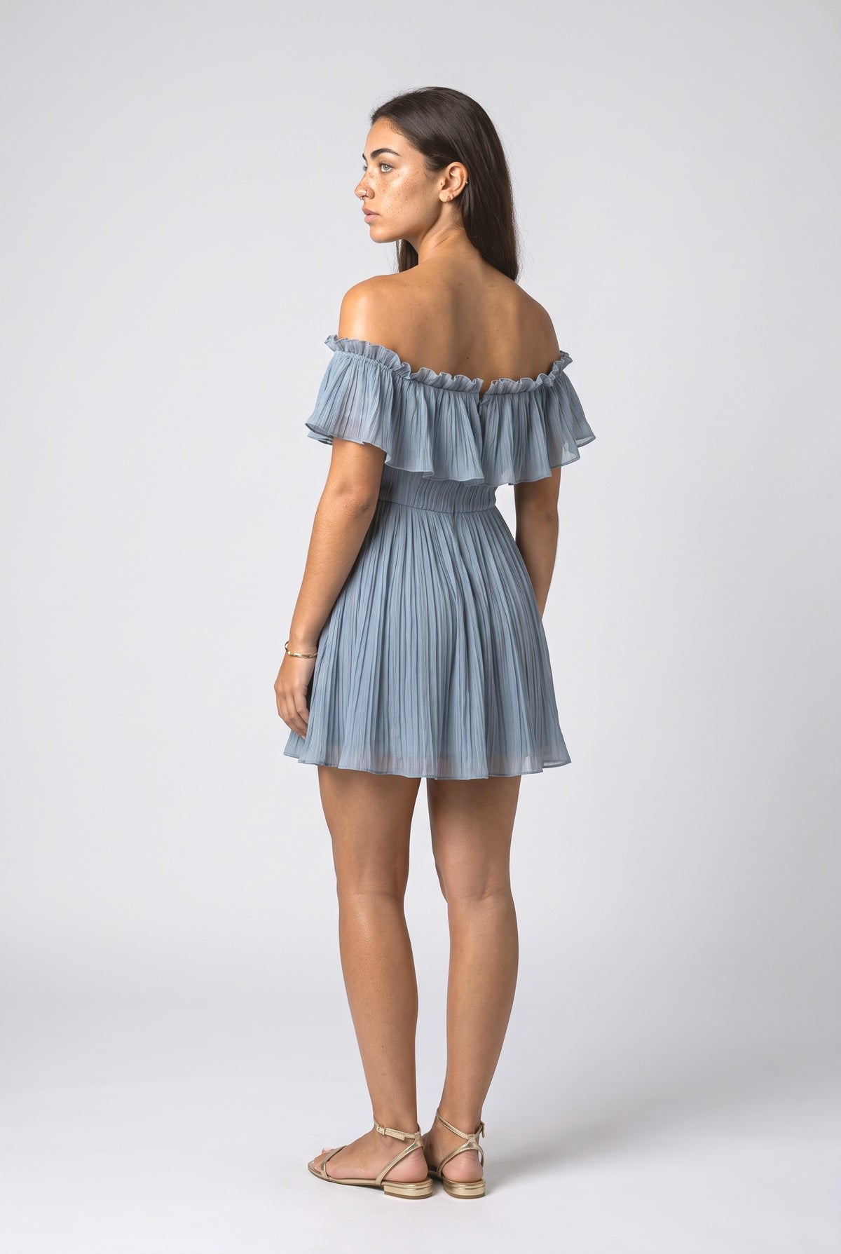 Blue Off-Shoulder Ruffle Mini Dress, back view