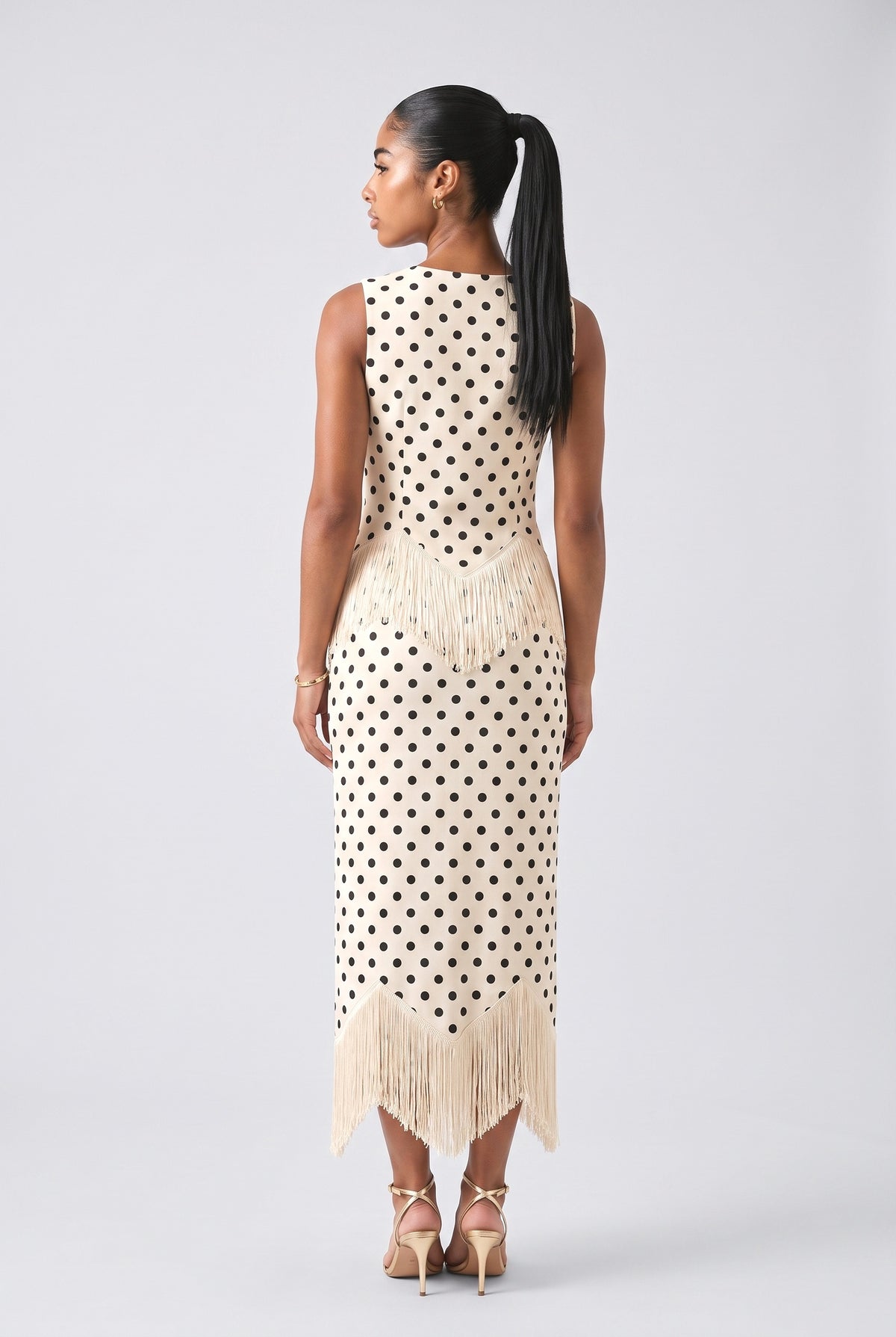 Beige Polka Dot Fringe Outfit Set, back view