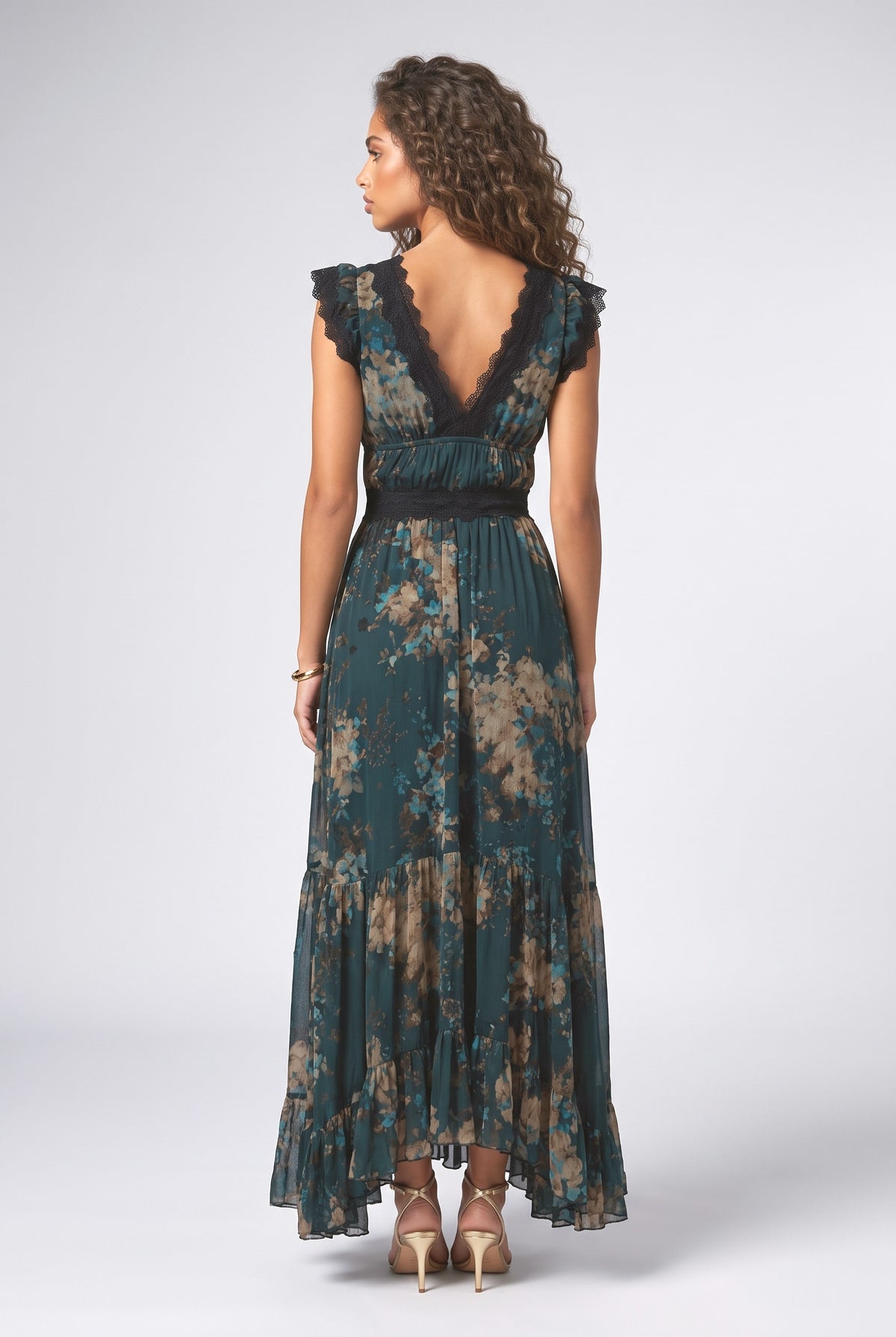 Green Floral Lace Tiered Maxi Dress, back view
