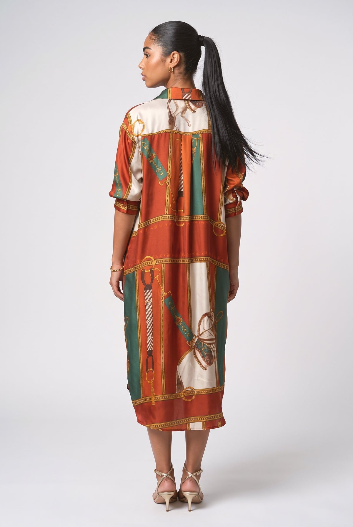 Equestrian Print Shirt Midi Dress, back view