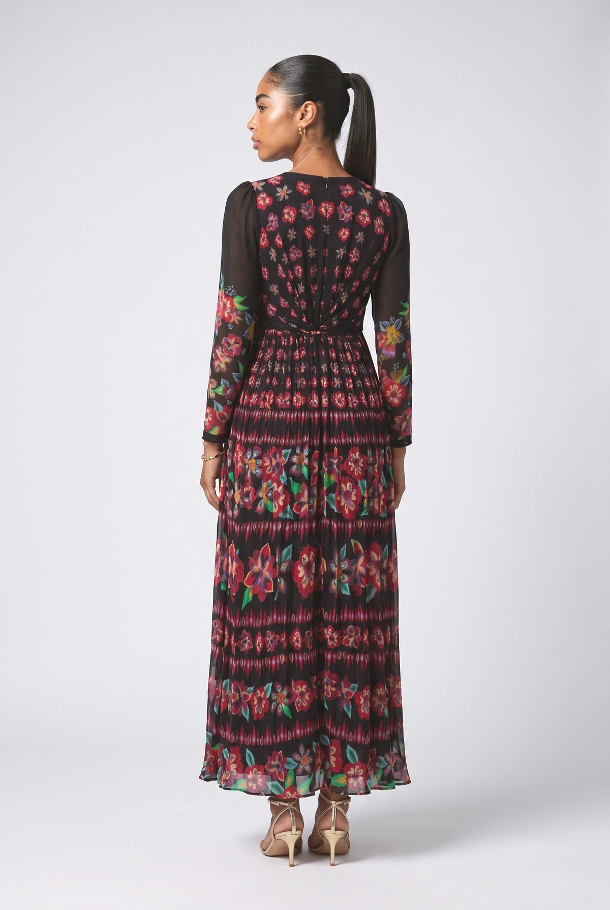 Black Floral Pleated Maxi Dress, back view