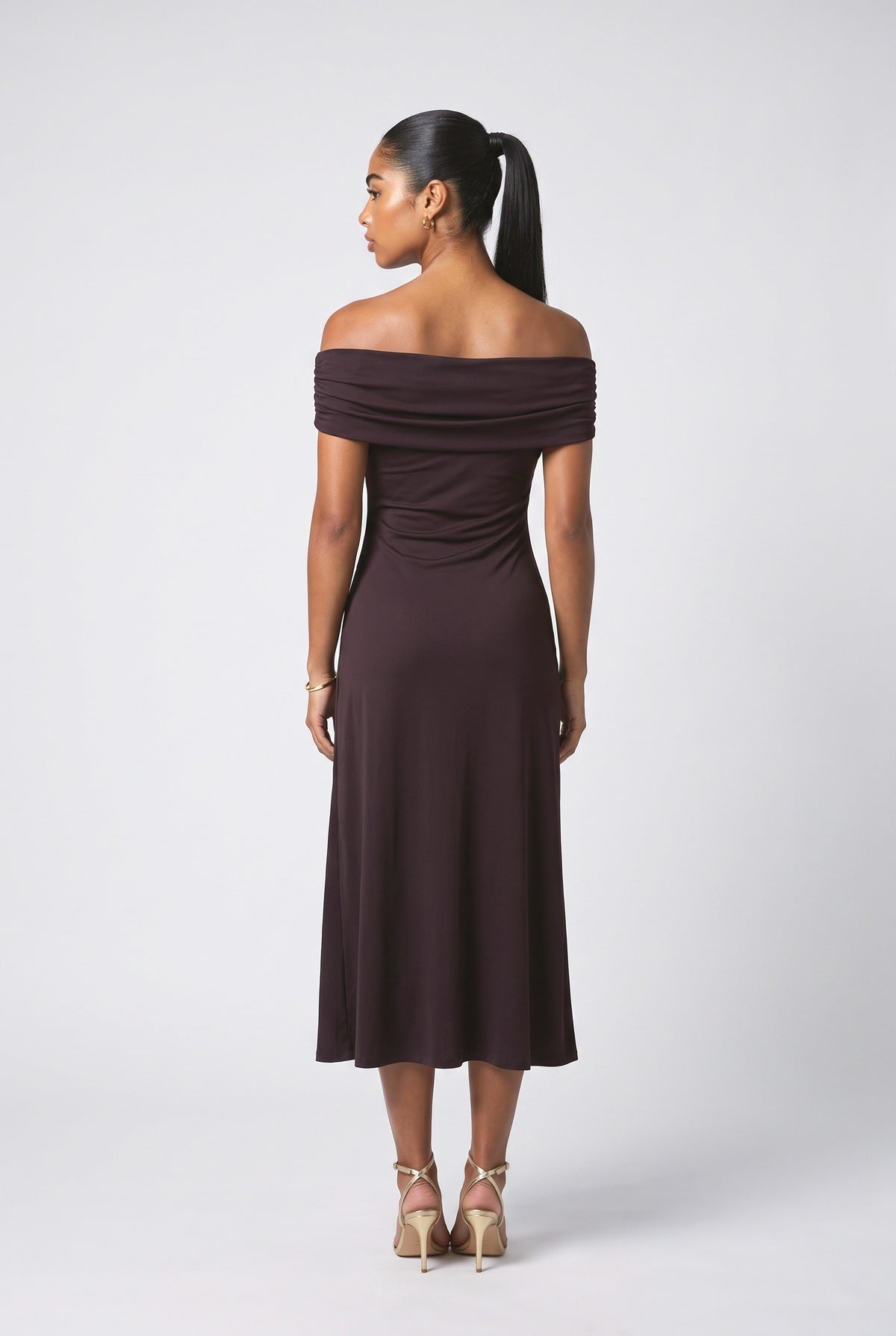Brown Off-Shoulder Pleated Midi Dress, back view