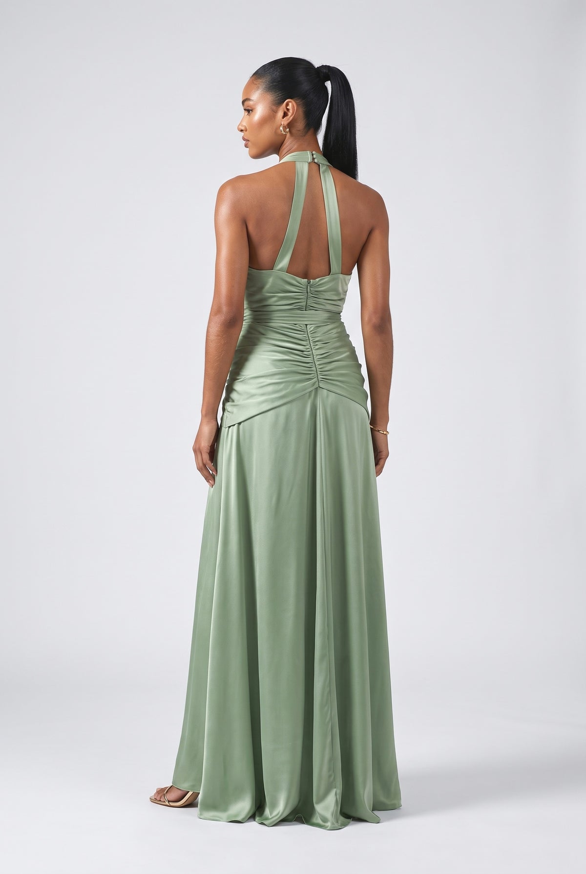 Green Halter Neck Wrap Maxi Dress, back view