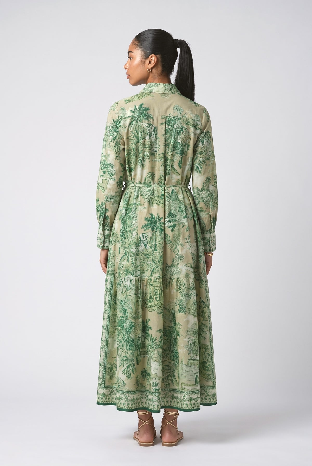 Green Long Sleeve Tiered Maxi Dress, back view