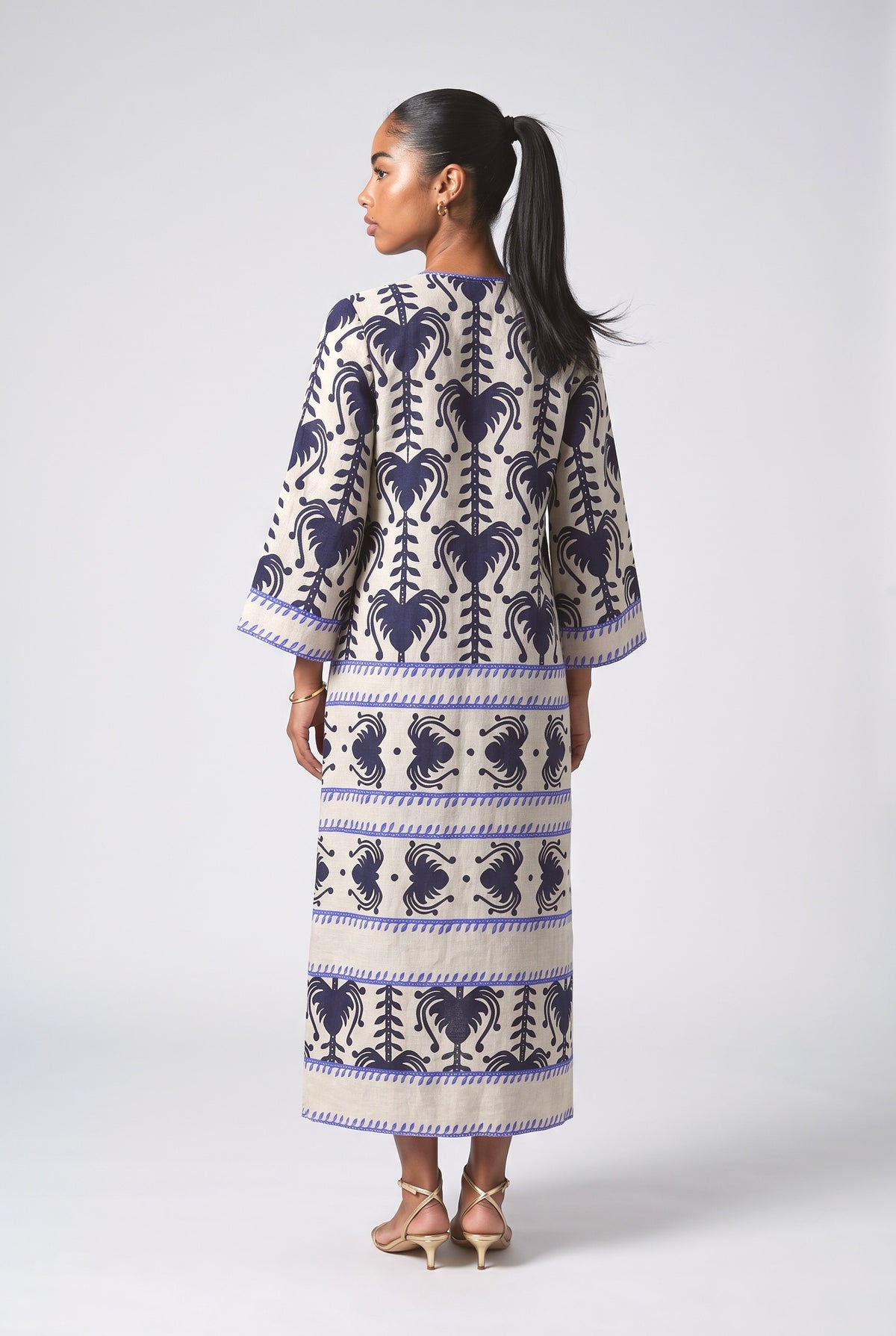 Vintage Wildflower Print Linen Split Midi Dress, back view