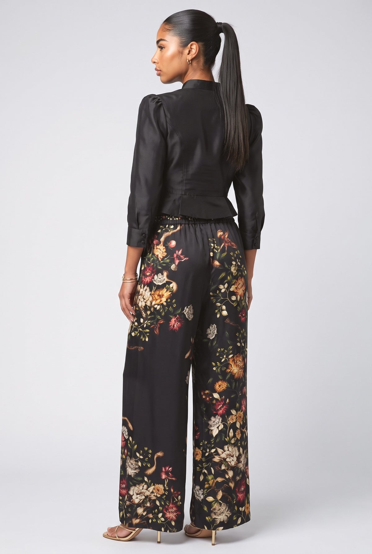 Black Floral Satin Ruched Outfit Set, back view