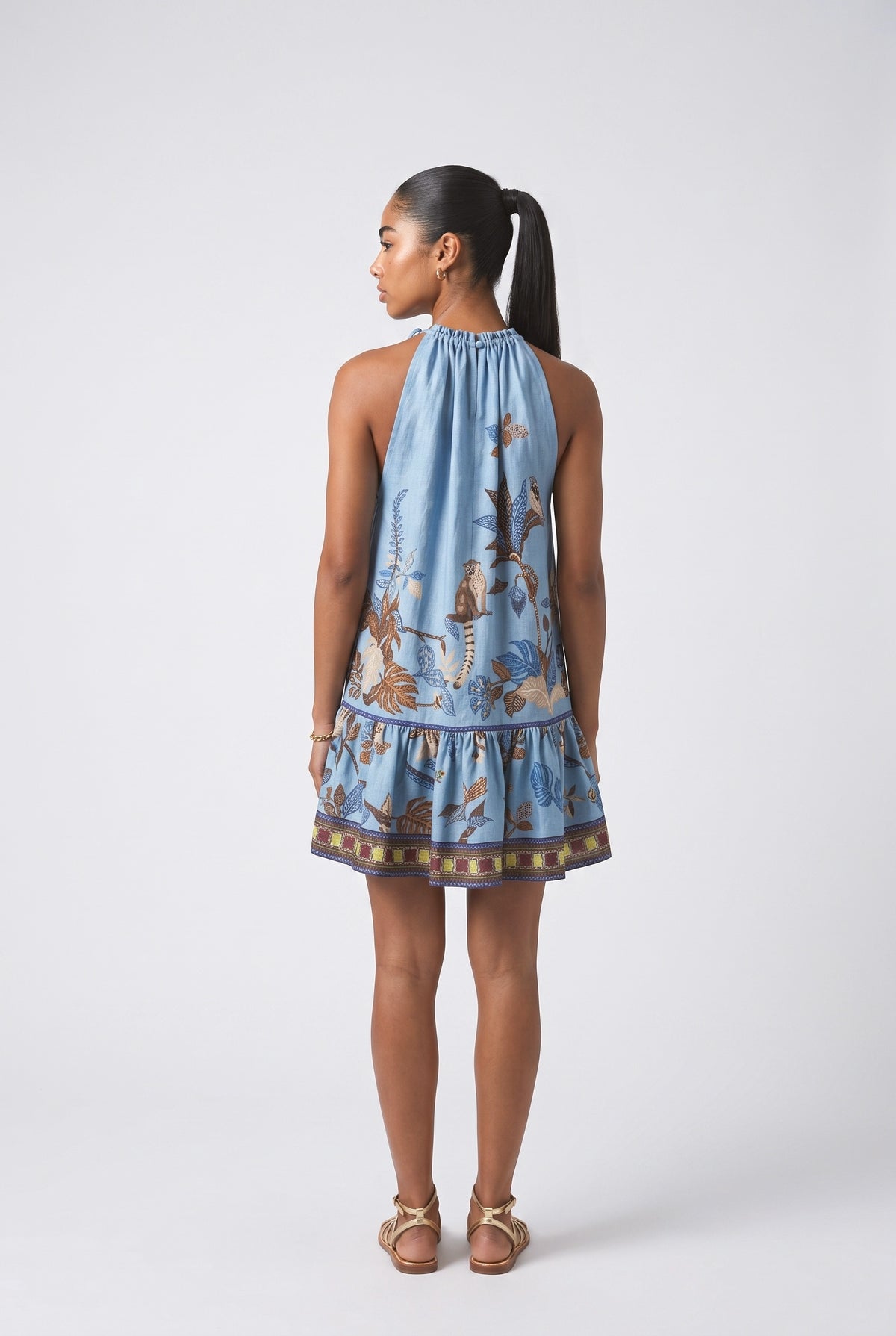 Blue Floral Linen Tiered Mini Dress, back view
