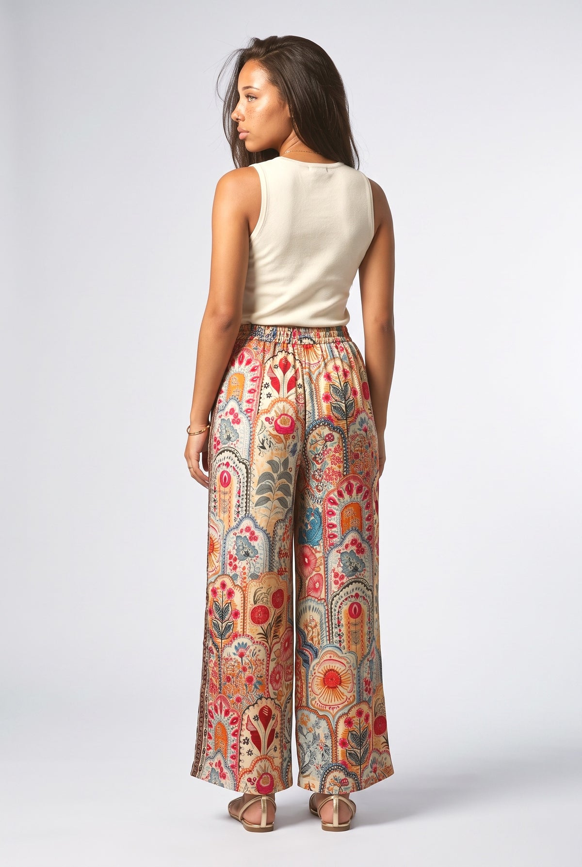 Boho Print Tassel Detail Elastic Waist Pocket Wide-Leg Pants, back view