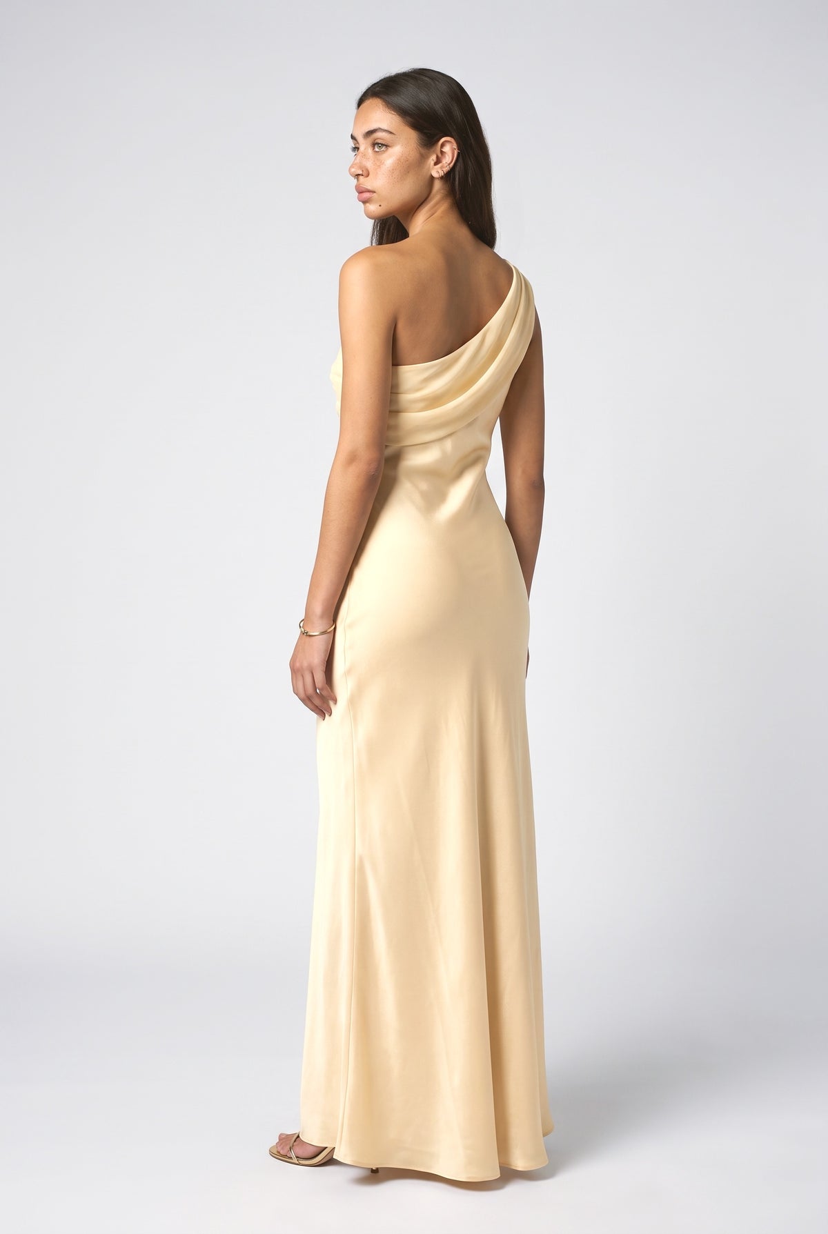 Yellow Satin One-Shoulder Mermaid Maxi Dress, back view