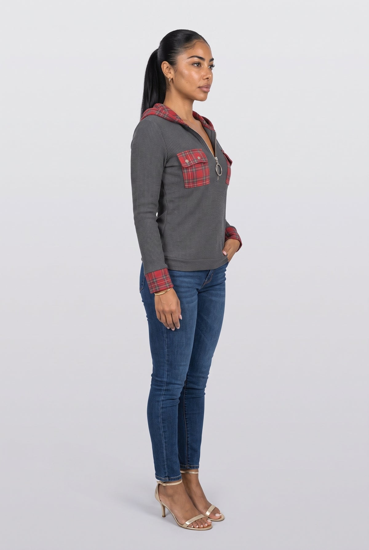 Gray Ribbed Plaid Hoodie, back view