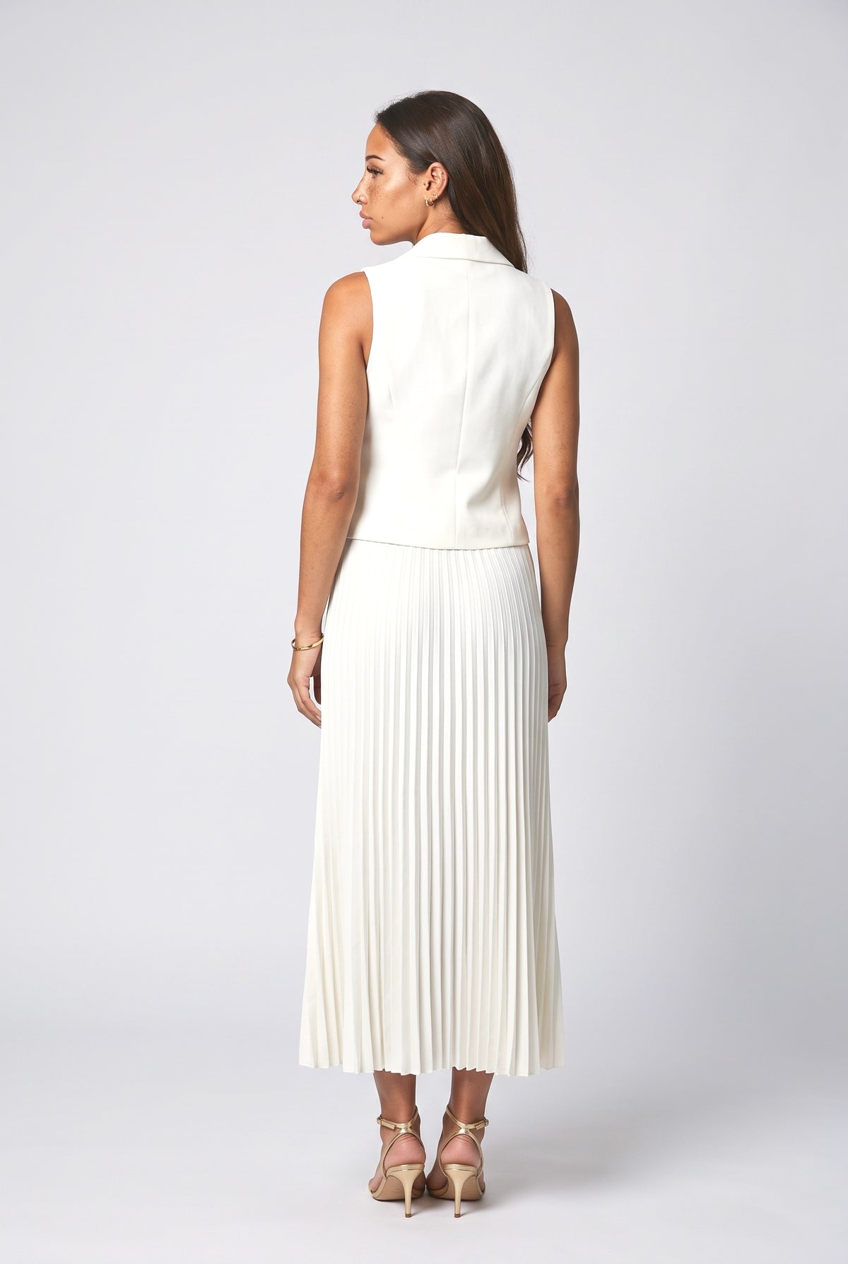 Suit Collar Vest and Midi Pleated Skirt Sets, back view