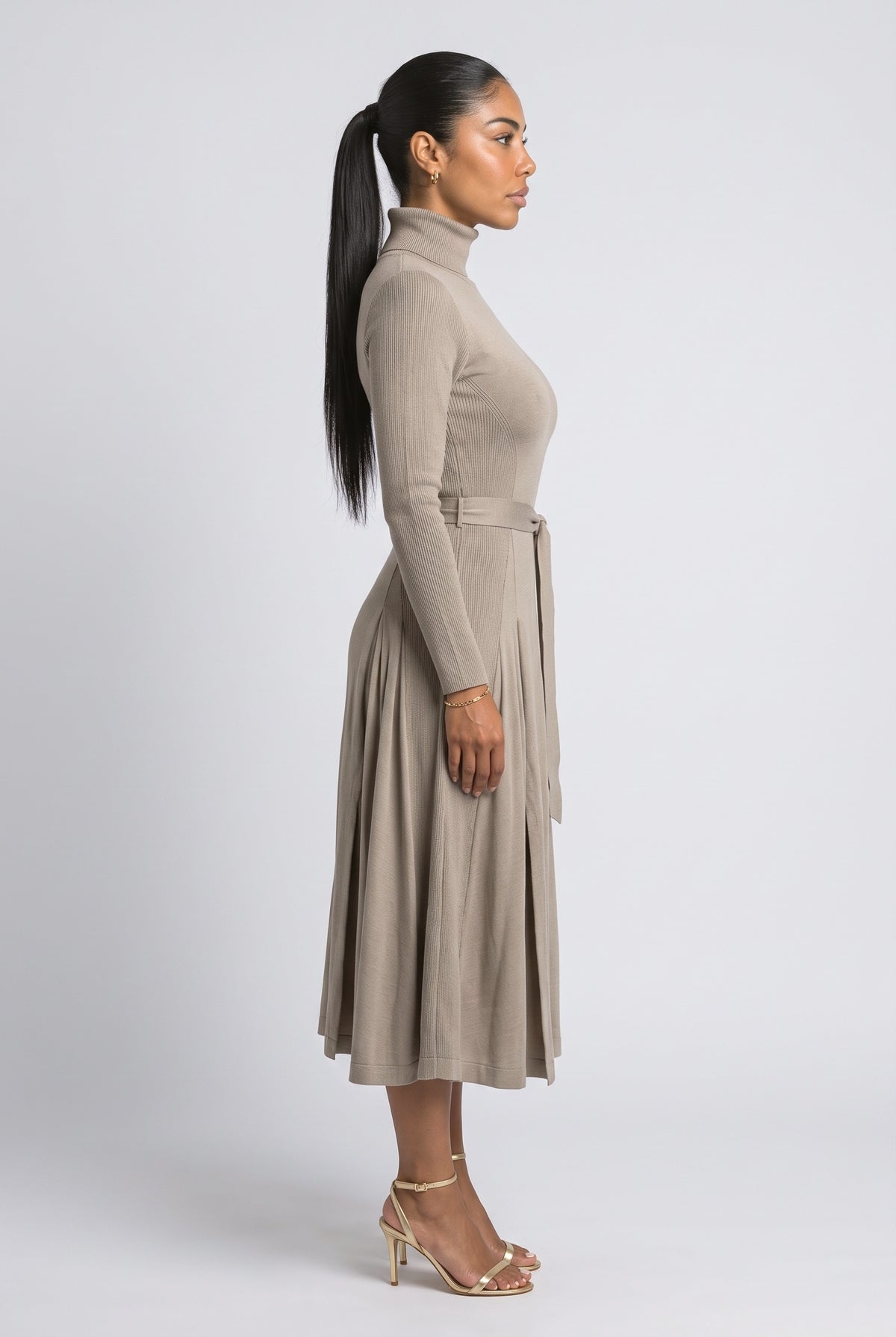 Brown Knit Turtleneck Midi Dress, back view
