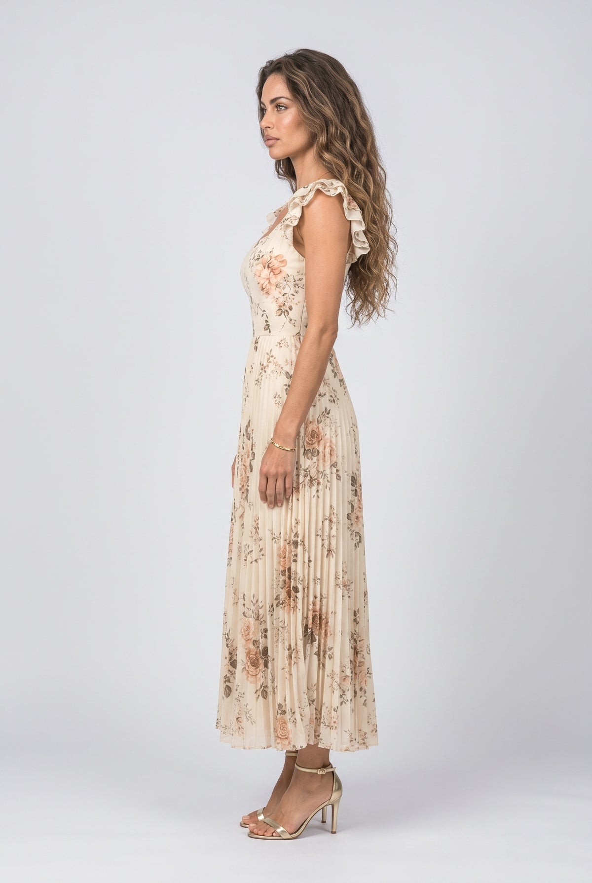 Beige Square Neck Floral Maxi Dress, back view