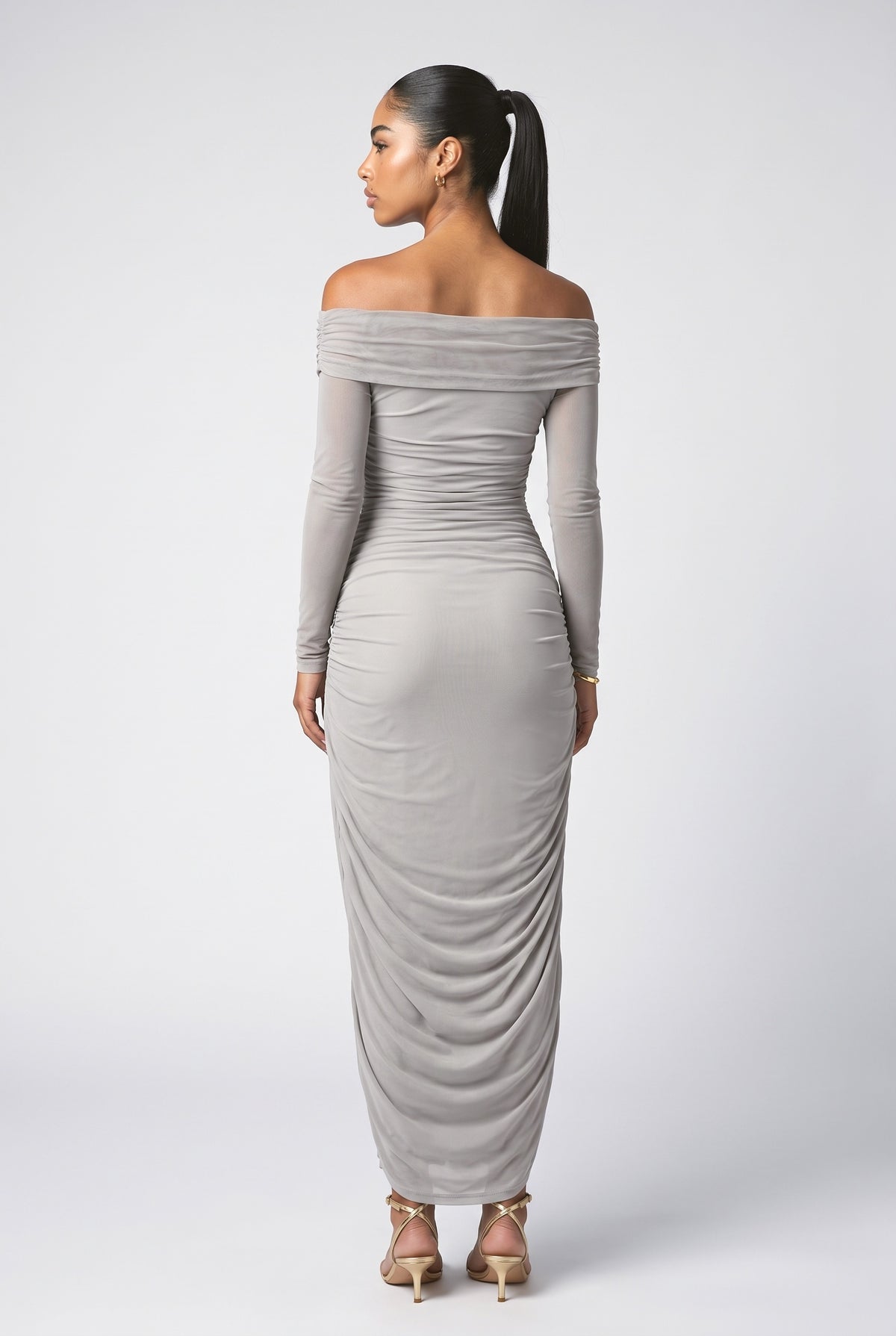Brown Mesh Ruched Maxi Dress, back view