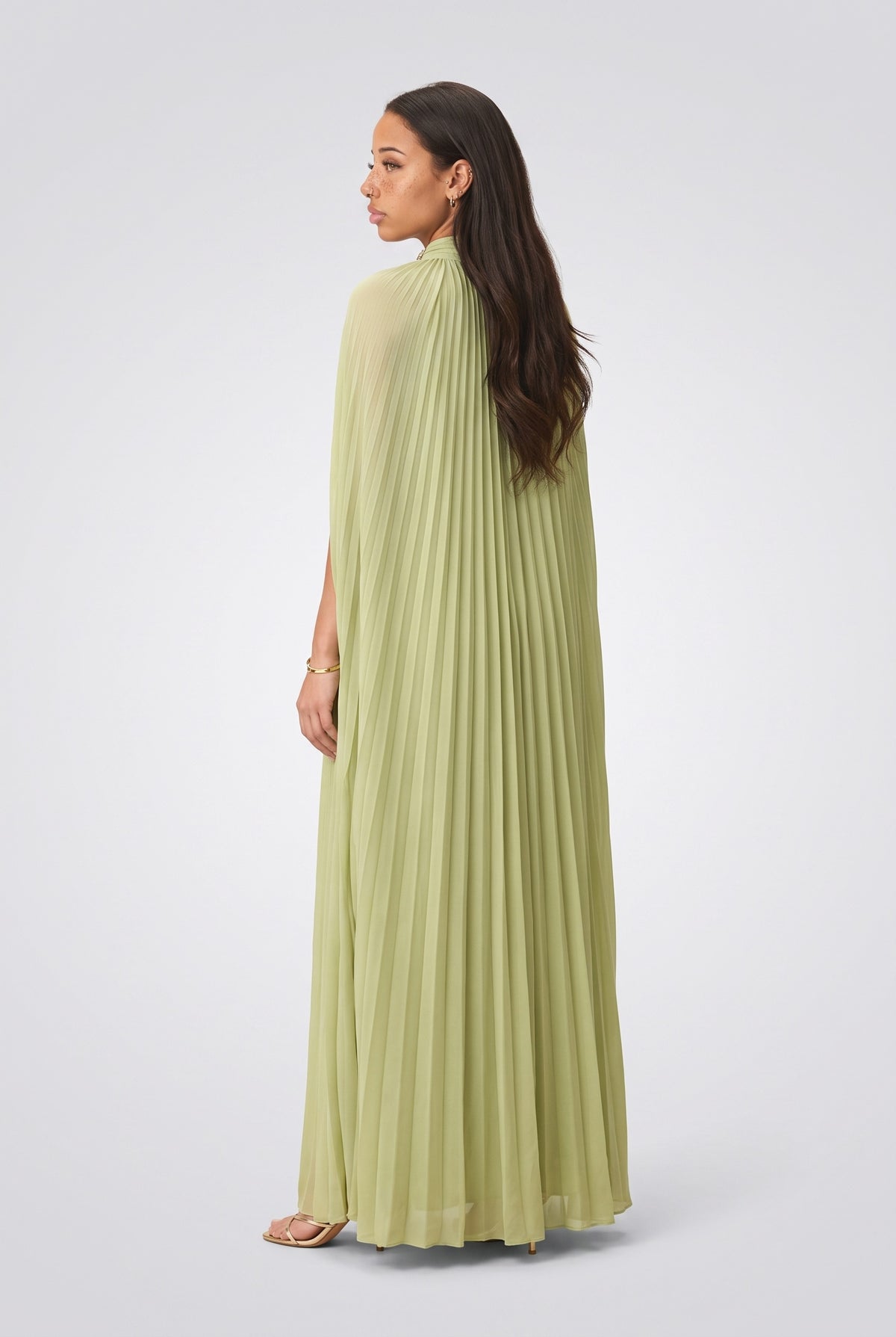 Green High Neck Pleated Maxi Dress, back view