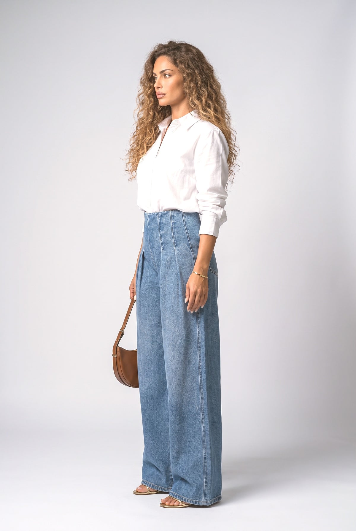 Blue Pleated Wide Leg Jeans, back view