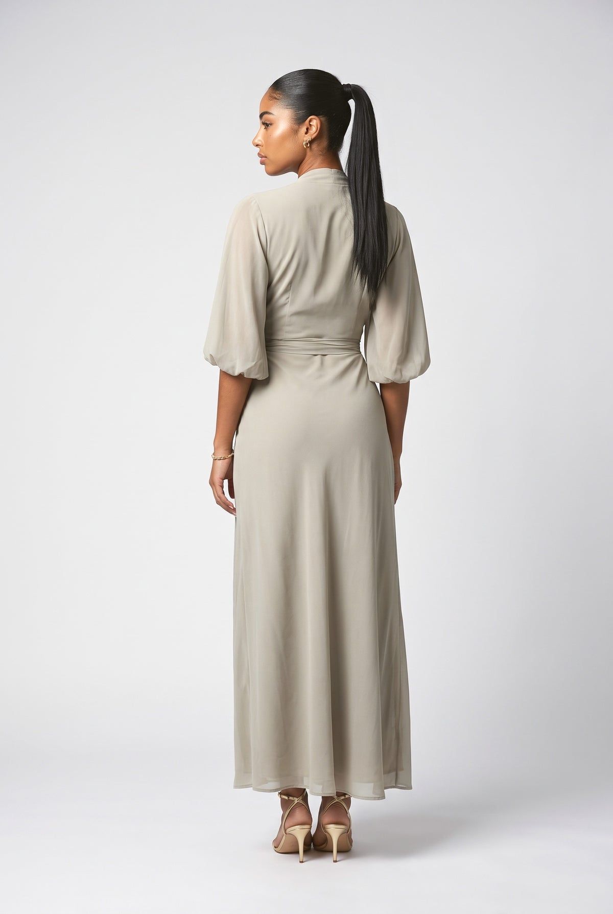 Beige Chiffon Puff Sleeve Wrap Maxi Dress, back view