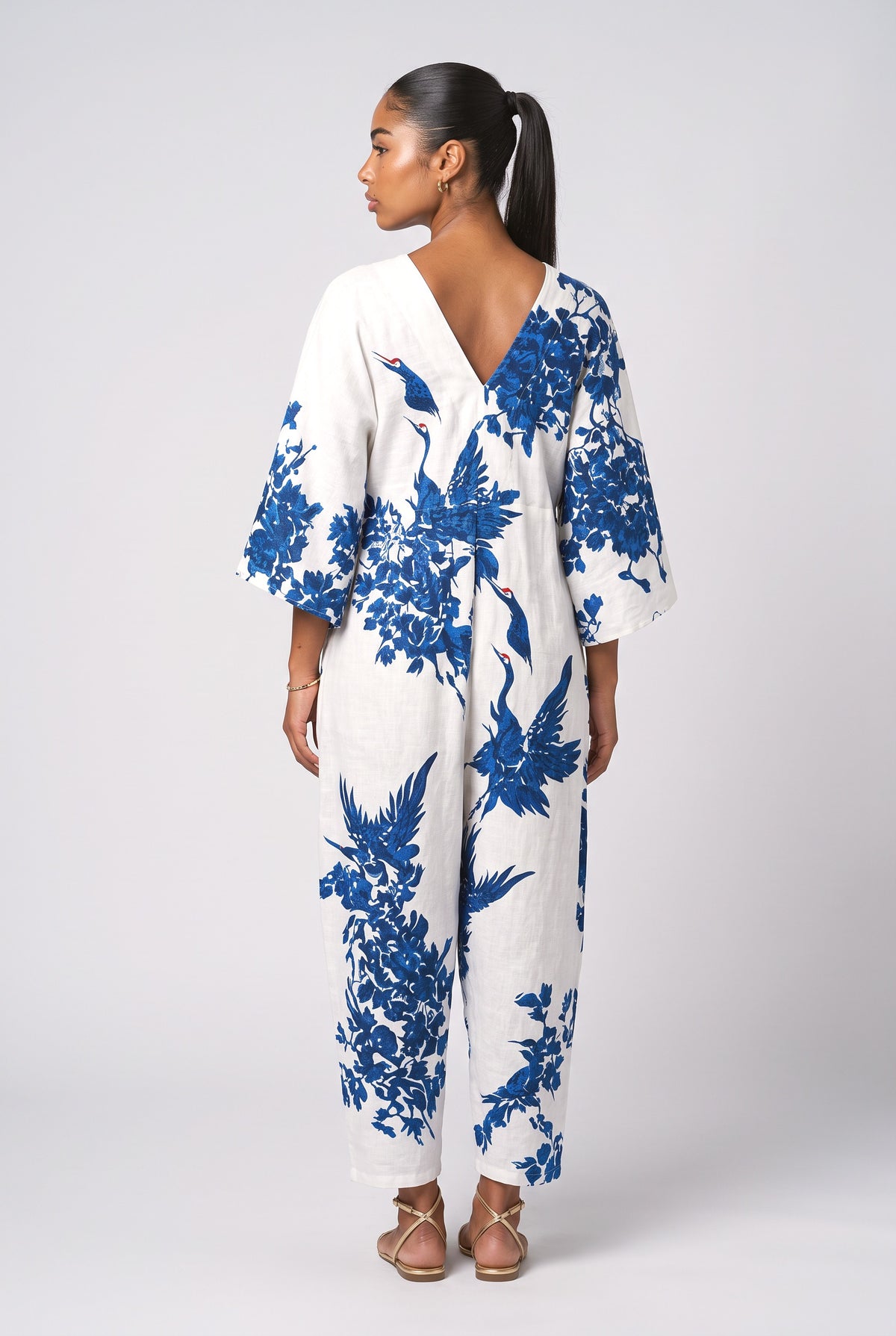 White Linen V-Neck Relaxed Jumpsuit, back view