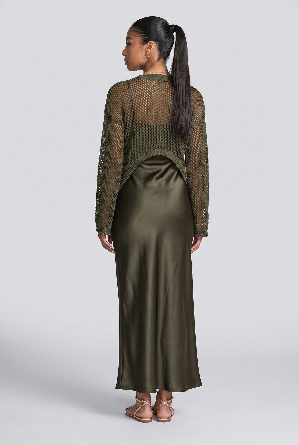 Satin Camisole Dress & Knit Cover-Up Set, back view