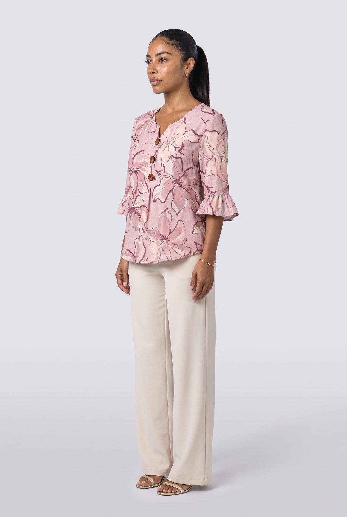 V-Neck Floral Ruffle Blouse, back view