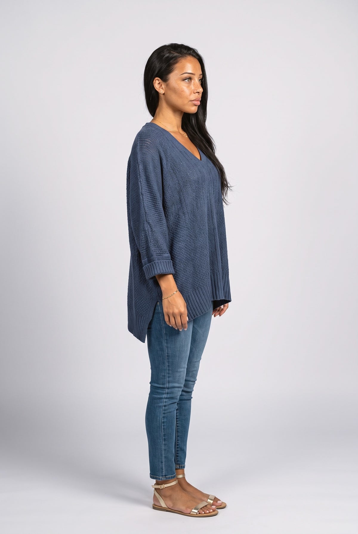 Blue Knit V-Neck Oversized Sweater, back view