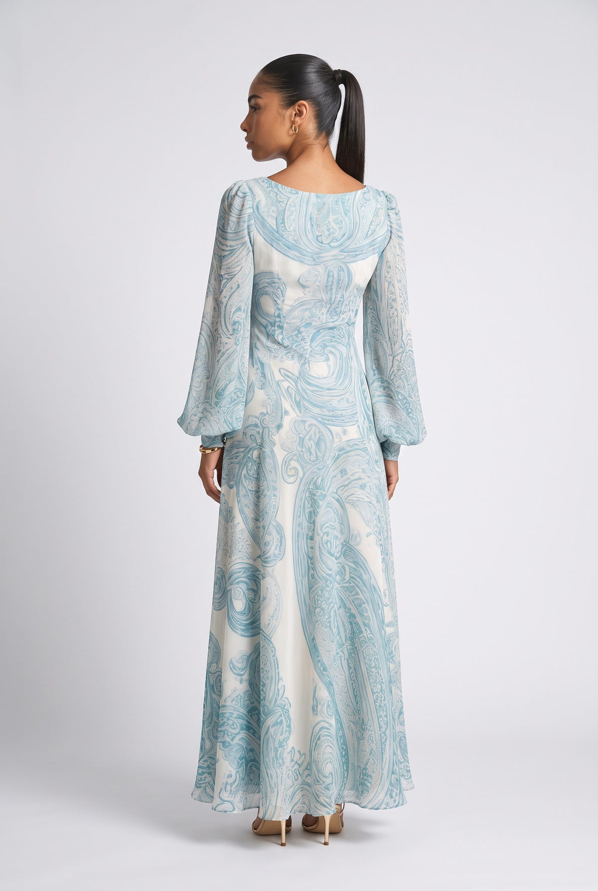 Blue Paisley Chiffon Maxi Dress, back view