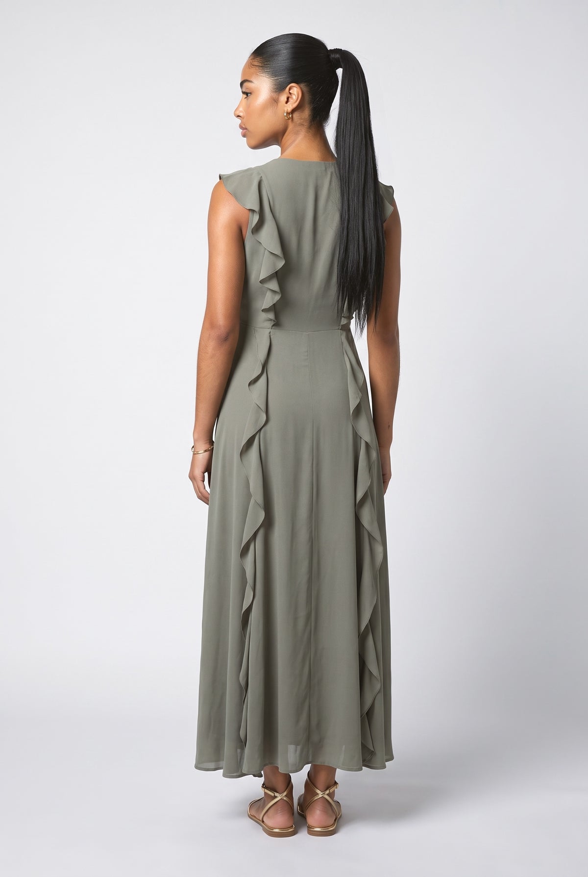 V-Neck Ruffle Maxi Dress, back view